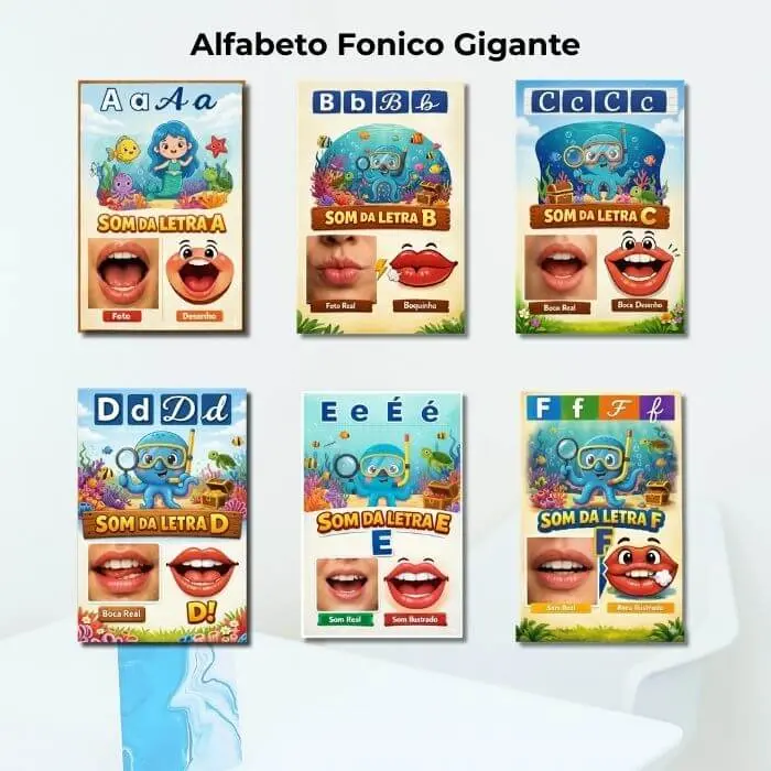 Alfabeto fonico gigante para kit sala de aula premium fundo do mar