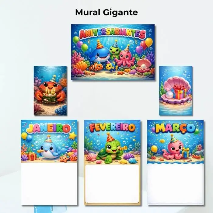 mural de aniversaerio para kit sala de aula premium fundo do mar